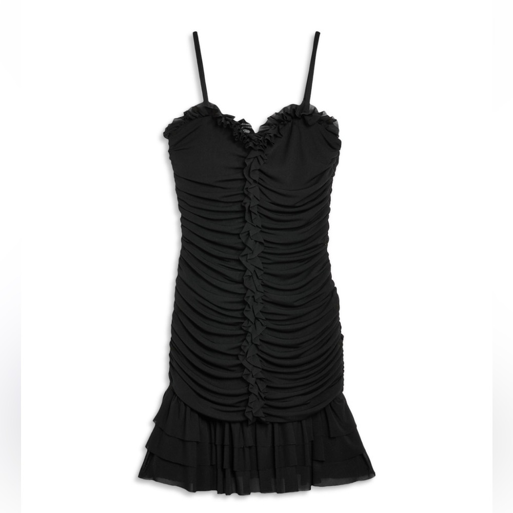 Katie J NYC Black Ruffled Ruched Spaghetti-Strap Party Dress